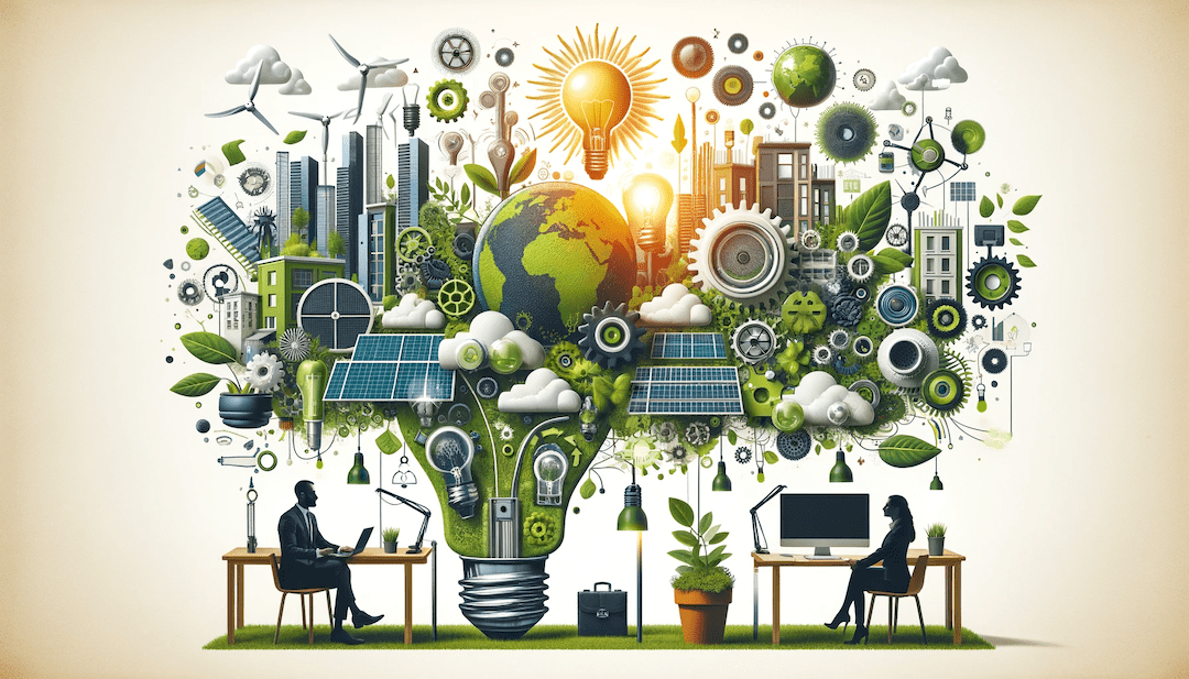 Eco-innovazione nelle PMI. Immagine simbolica dell'eco-innovazione nelle PMI italiane, con elementi di energia rinnovabile, tecnologia verde e crescita sostenibile.