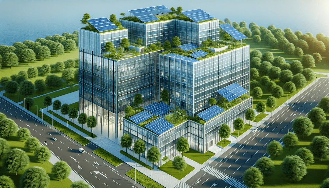 Successi Green Aziende. Azienda moderna che esemplifica il successo green attraverso l'uso di pannelli solari e aree verdi.