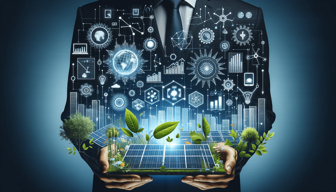 PMI sostenibilità e innovazione. Collage simbolizzante sostenibilità e innovazione nelle PMI italiane, con elementi come pannelli solari, piante e grafici.